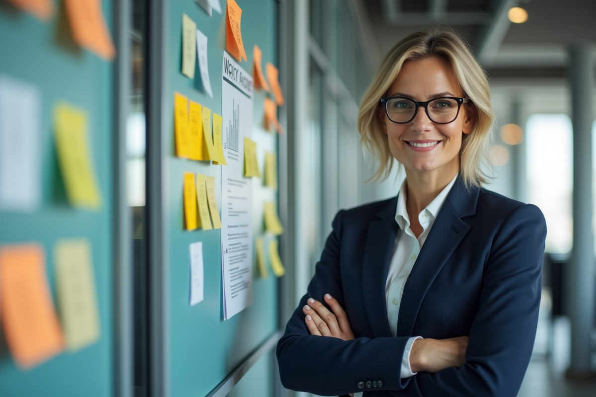 Femme en blazer bleu gesturant vers des notes colorées