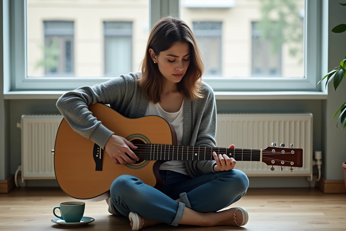 Femme apprenant la guitare avec une tablature sur tablette numérique, assise sur le sol d'un salon moderne