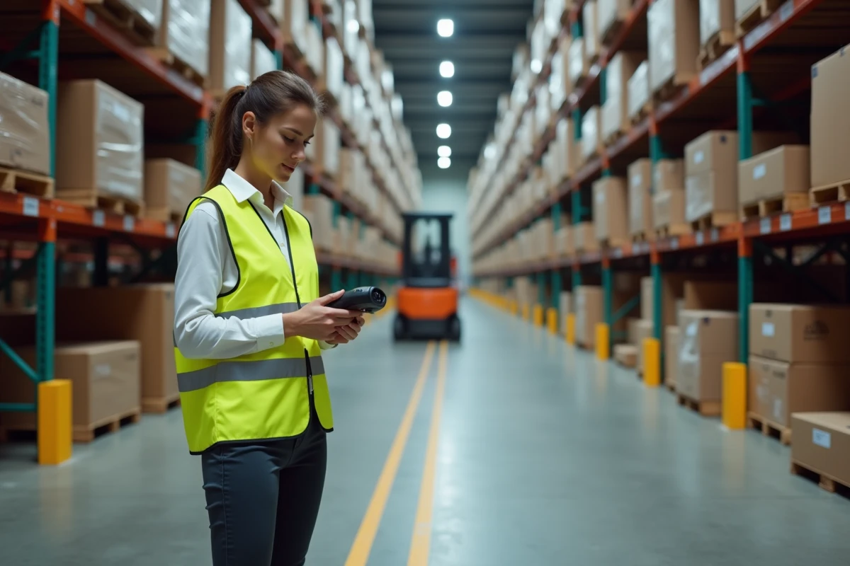 Femme intérimaire travaillant dans un entrepôt logistique avec un scanner de codes-barres