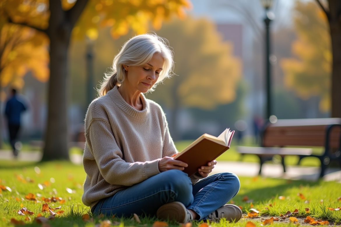 Femme d'âge moyen lisant dans un parc en automne