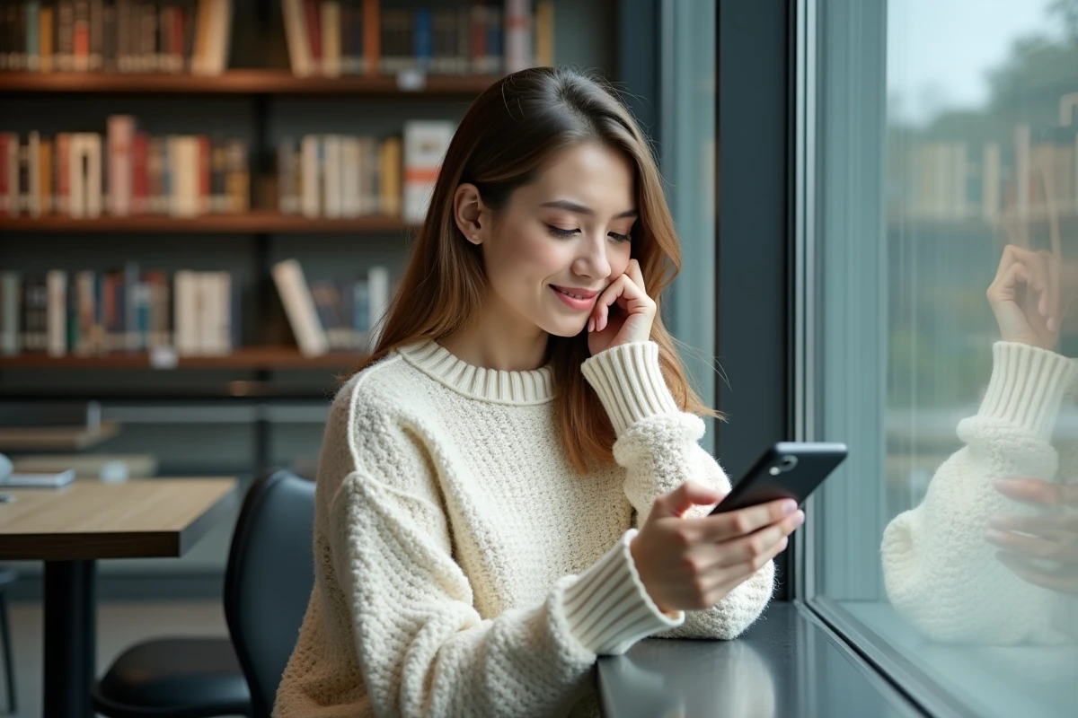 Jeune femme dans une bibliothèque tenant son smartphone avec frustration