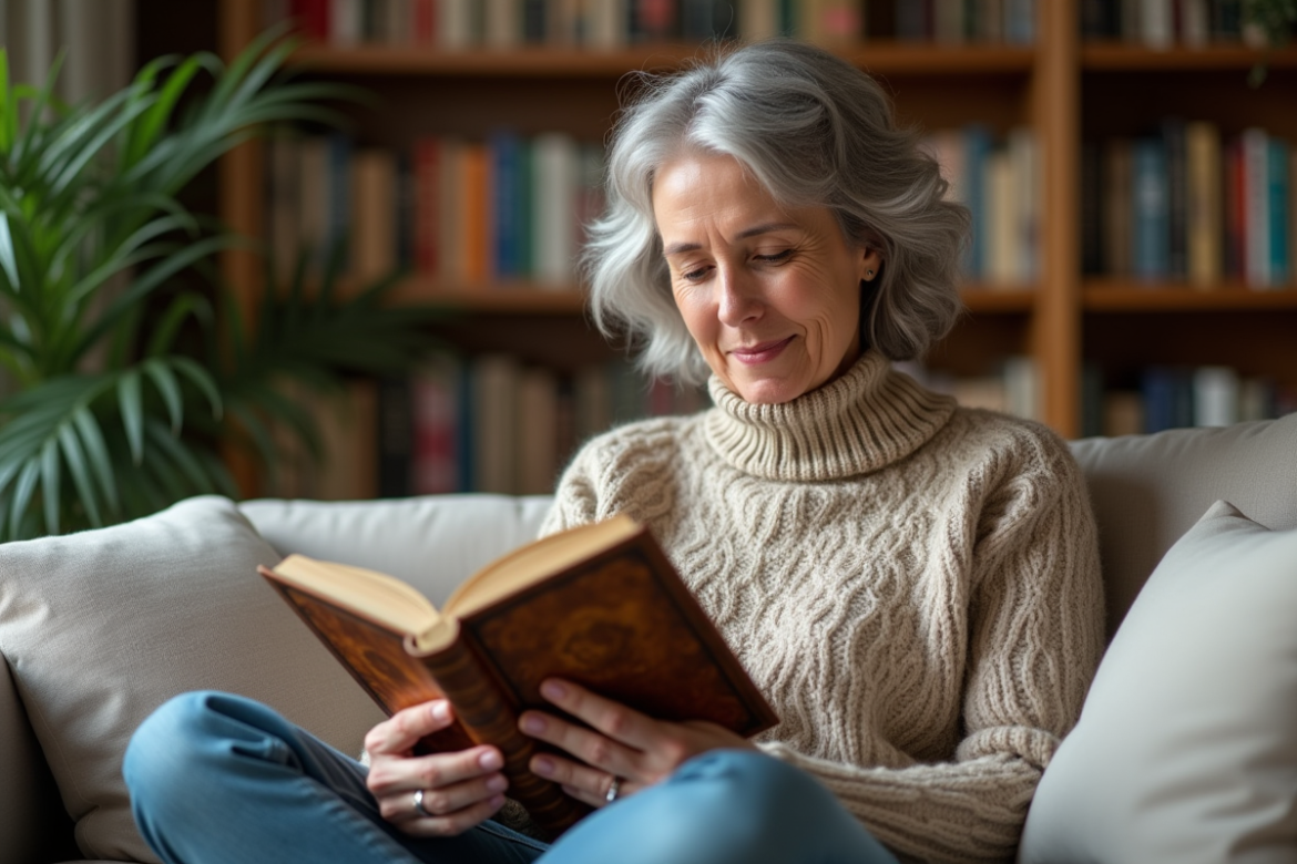 Femme d'âge moyen lisant un livre dans un salon chaleureux