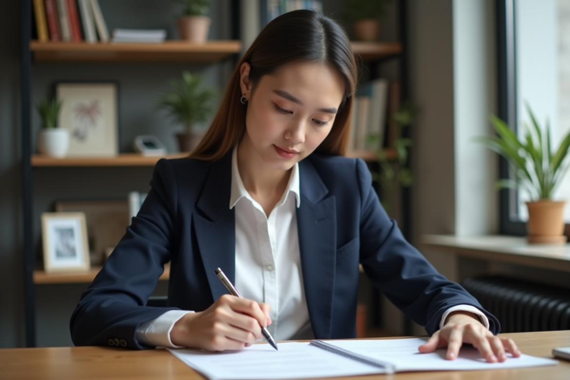 Jeune femme en bureau lisant et annotant notes