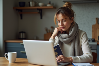 Femme avec passeport et ordinateur dans la cuisine