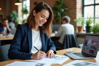 Femme en reconversion professionnelle suivant une formation design en ligne dans un espace de coworking moderne