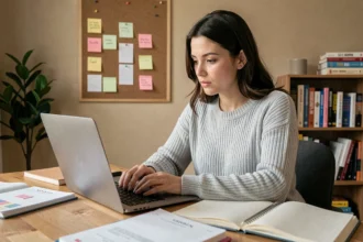 Jeune femme concentrée passant un test de mémoire en ligne sur ordinateur portable dans un bureau à domicile avec des fiches et carnets de notes