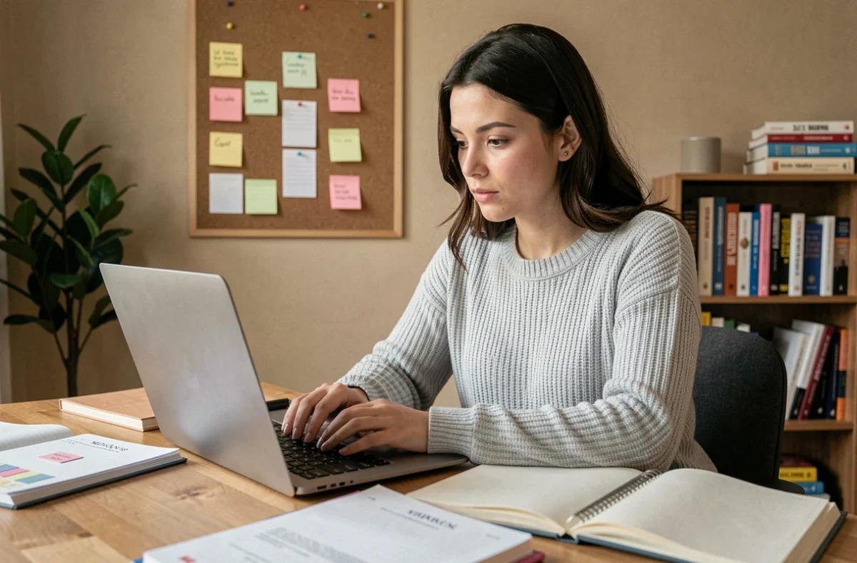 Jeune femme concentrée passant un test de mémoire en ligne sur ordinateur portable dans un bureau à domicile avec des fiches et carnets de notes