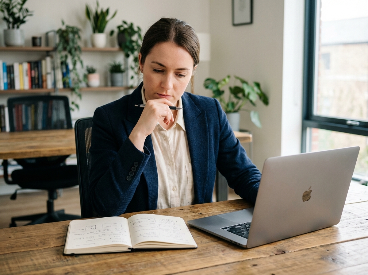 Jeune femme concentrée au bureau avec ordinateur et notes