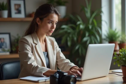 Jeune femme travaillant sur un cours de photographie à domicile