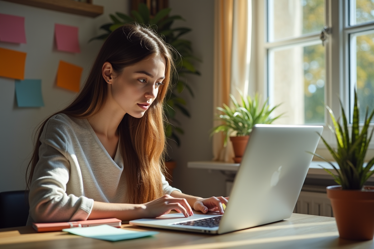 Jeune femme concentrée sur son ordinateur dans un espace de travail