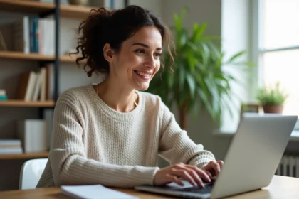 Femme en télétravail concentrée sur son ordinateur dans un bureau lumineux