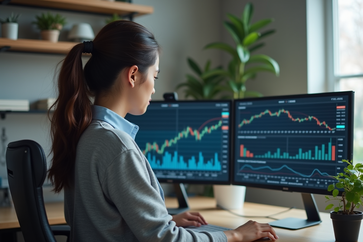 Jeune femme en bureau analysant des graphiques financiers sur écran
