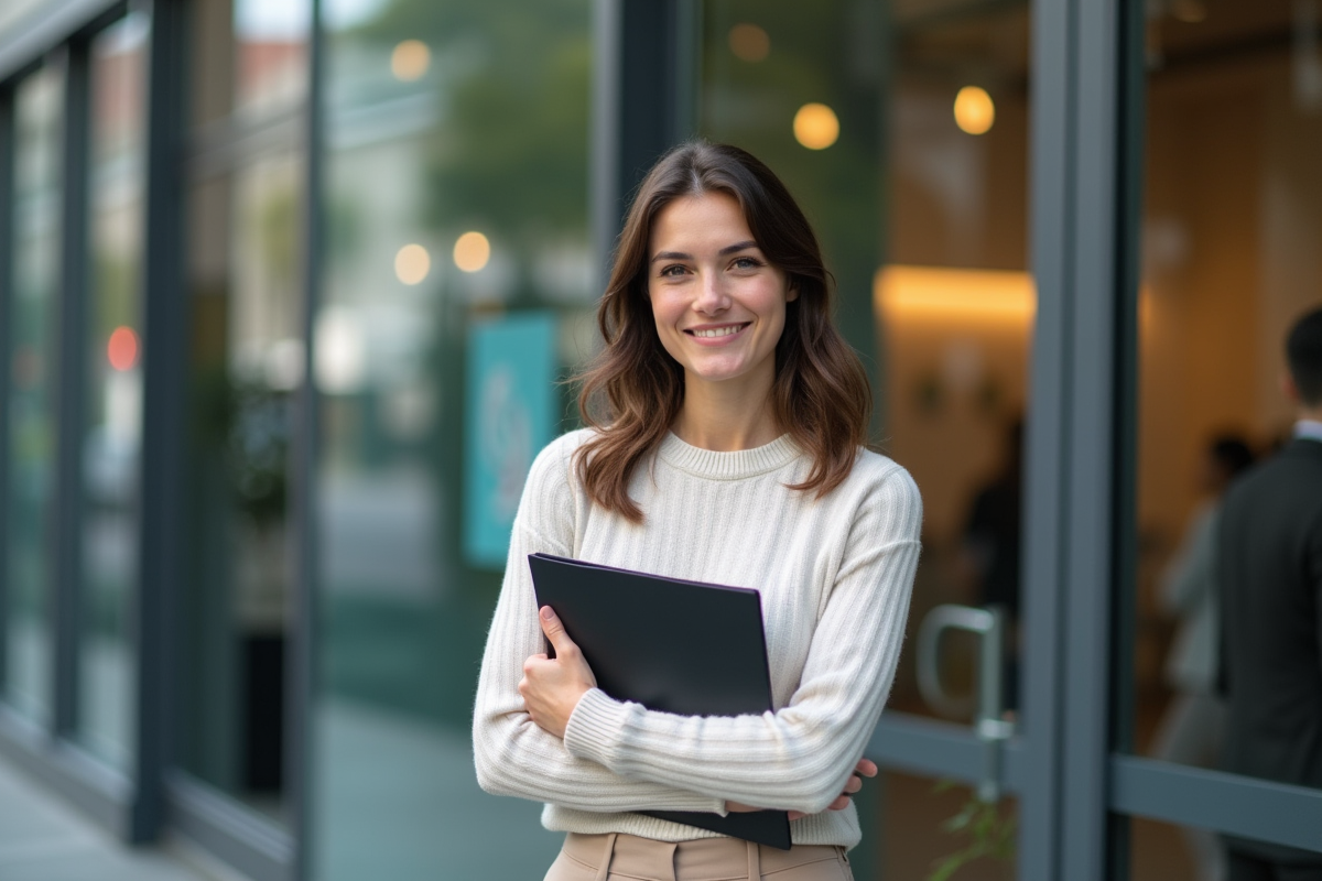 Femme souriante devant une institution financière en ville