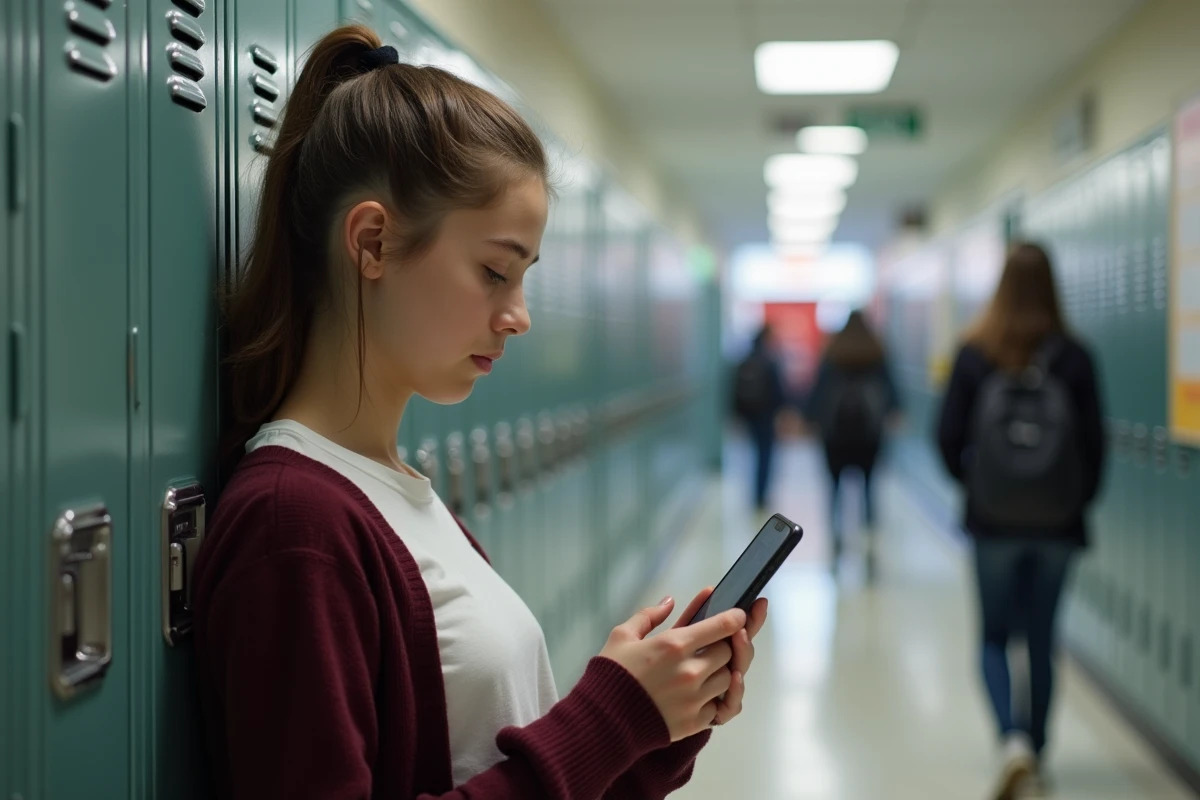 Fille lyceenne ajustant ses réglages sur son smartphone dans le couloir