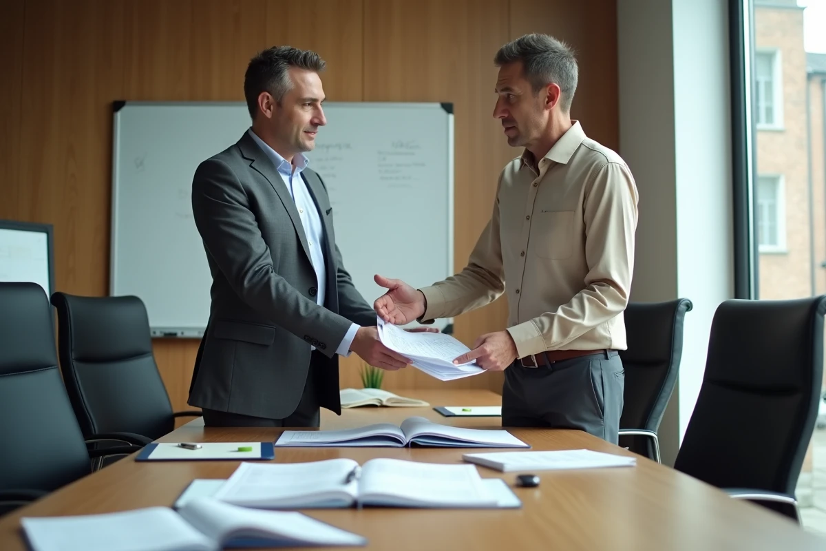 Deux fonctionnaires comparant leurs responsabilités administratives lors d'une réunion dans un bureau gouvernemental