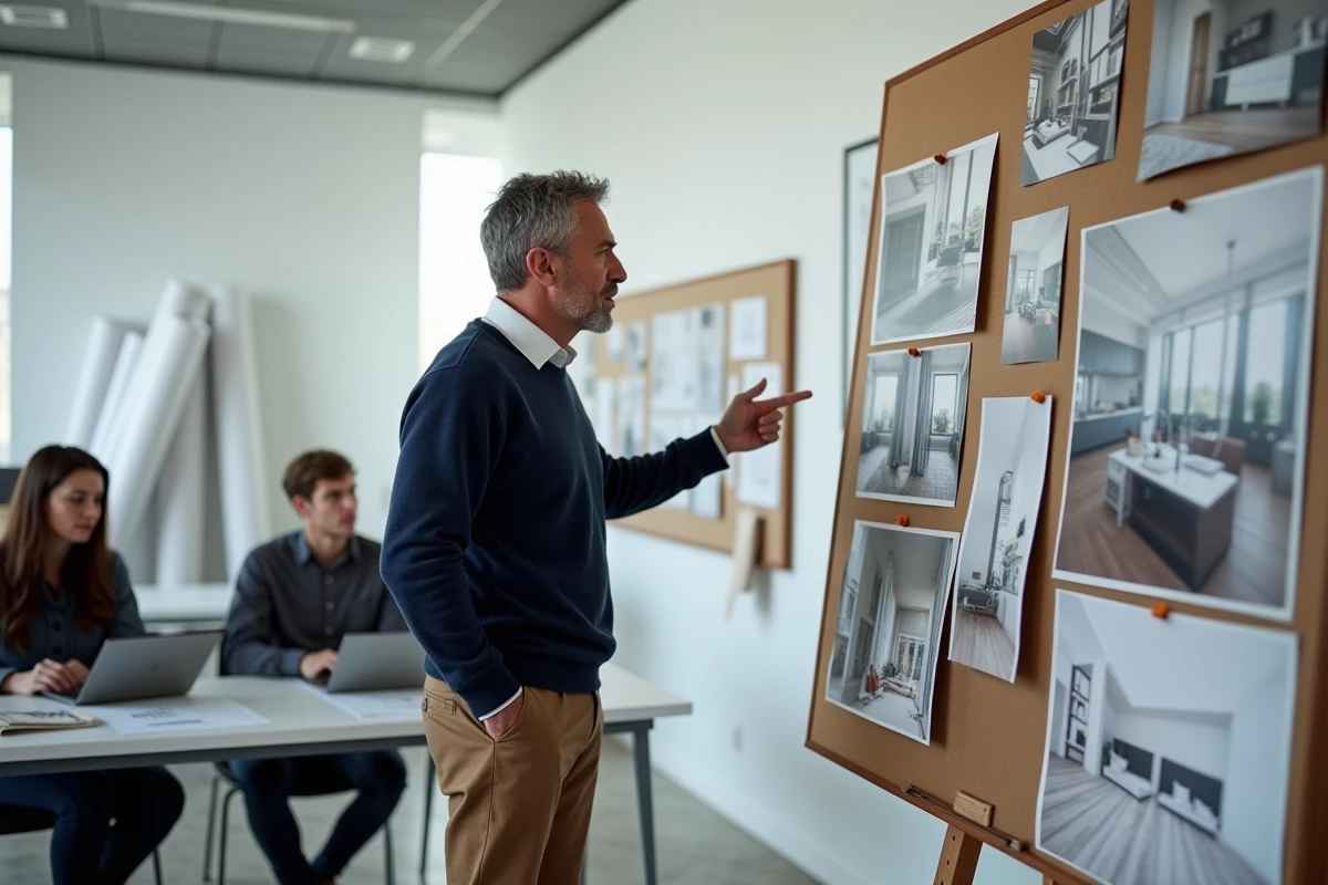 Formateur en décoration intérieure présentant un tableau d'inspiration à ses étudiants dans une salle de cours professionnelle