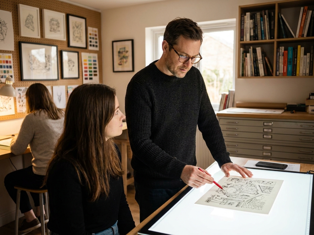 Formateur en illustration donnant un cours individuel à un étudiant autour d'une table lumineuse dans un atelier d'illustration professionnelle en présentiel