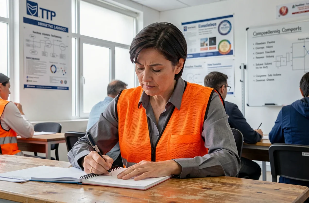 Femme en formation BTP certifiante CPF dans une salle de cours professionnelle avec supports pédagogiques