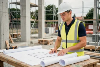 Jeune homme en formation BTP consultant un plan architectural sur un chantier de construction, portant un casque blanc et un gilet de sécurité