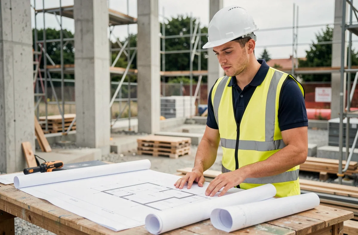 Jeune homme en formation BTP consultant un plan architectural sur un chantier de construction, portant un casque blanc et un gilet de sécurité