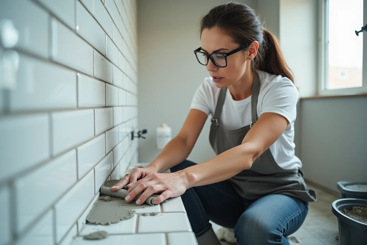 Femme appliquant du joint de carrelage dans une salle de bain en rénovation lors d'une formation bricolage éligible CPF
