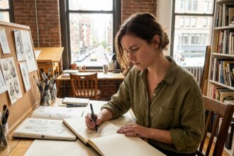 Jeune illustratrice dessinant à la plume dans un studio de formation artistique en présentiel, entourée de carnets de croquis et de matériel d'illustration professionnel