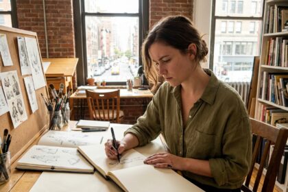 Jeune illustratrice dessinant à la plume dans un studio de formation artistique en présentiel, entourée de carnets de croquis et de matériel d'illustration professionnel