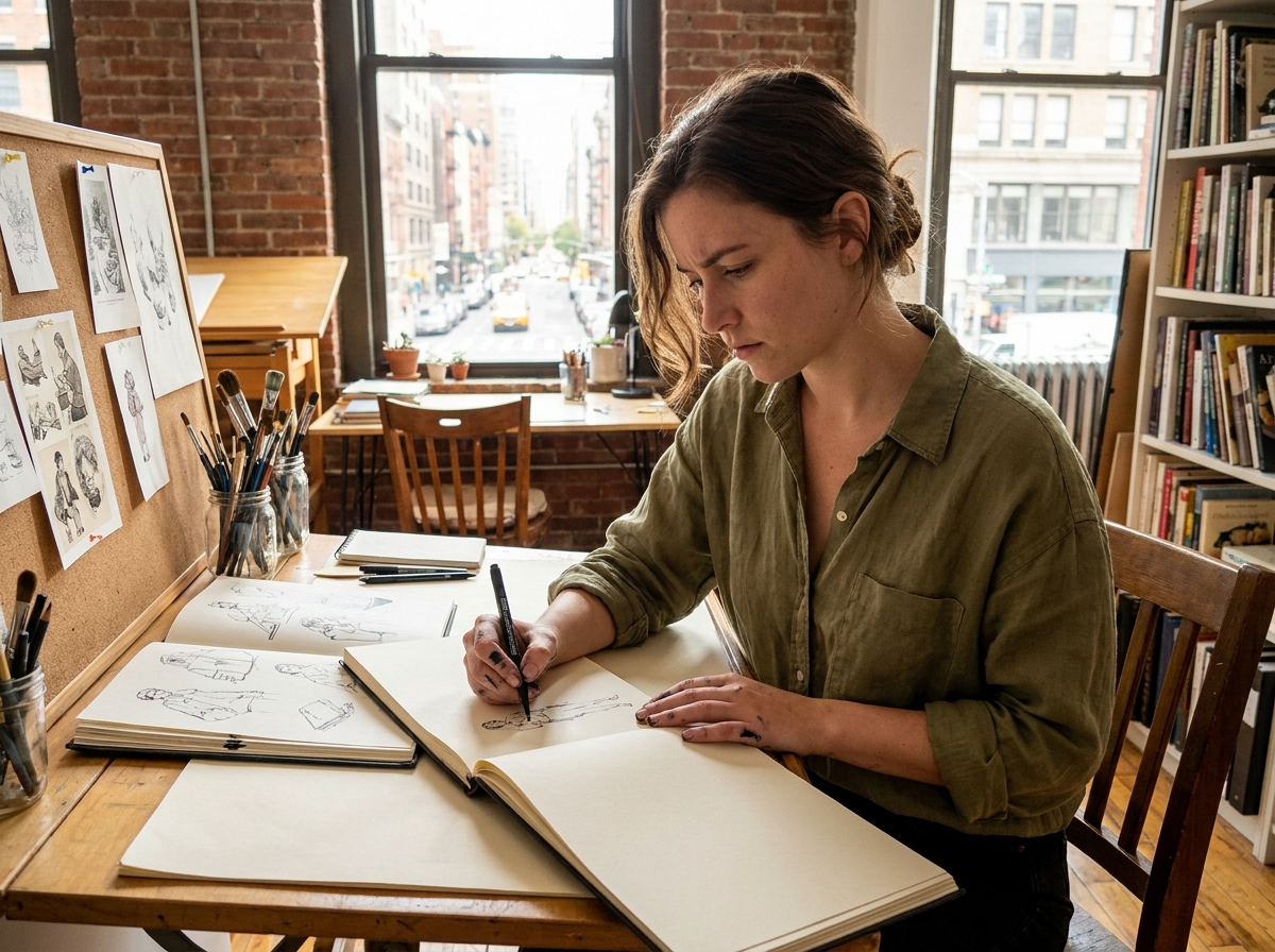 Jeune illustratrice dessinant à la plume dans un studio de formation artistique en présentiel, entourée de carnets de croquis et de matériel d'illustration professionnel