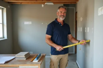 Homme en formation bricolage mesurant un mur dans une cuisine en cours de rénovation avec des outils professionnels