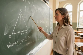 Professeure devant un tableau noir avec la formule du volume d'une pyramide à base triangulaire