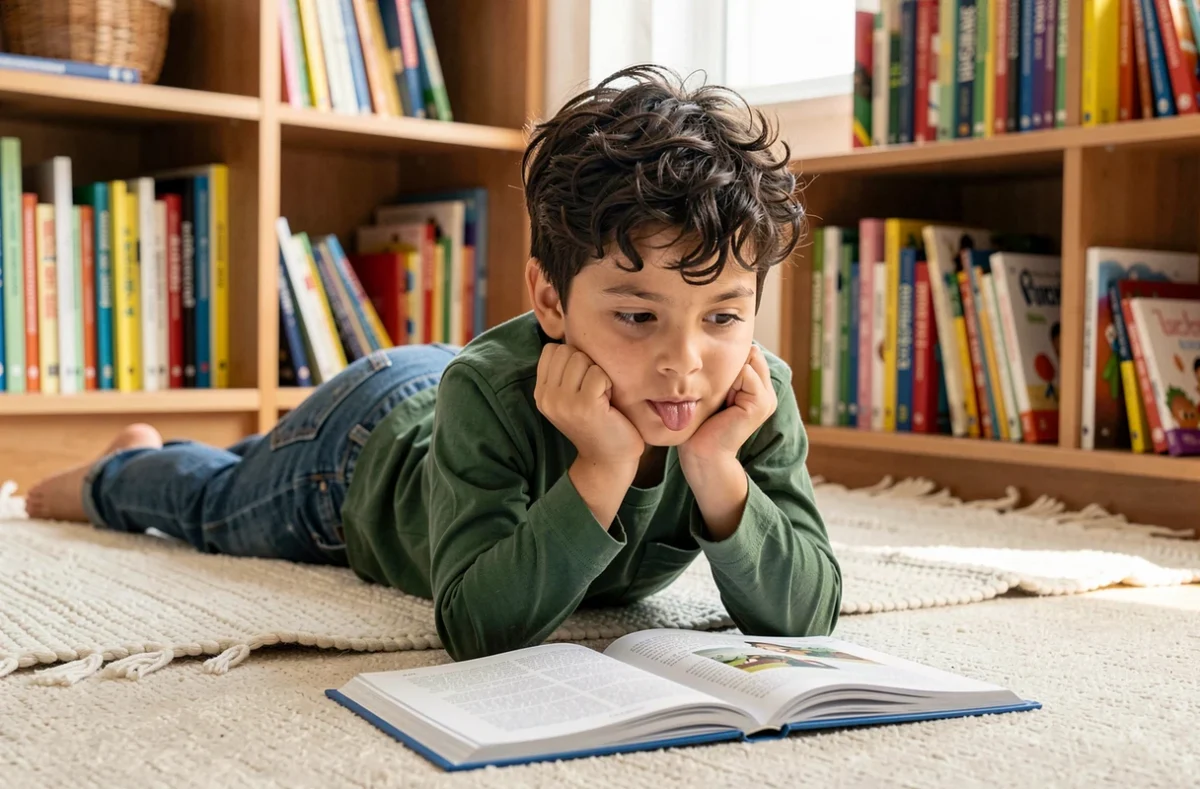 Garçon de CE2 lisant un parcours de lecture imprimé allongé sur le tapis dans un salon