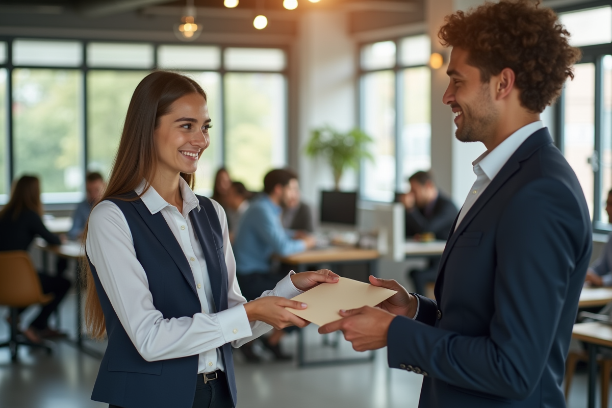 Un manager donne une enveloppe à un stagiaire dans un environnement dynamique