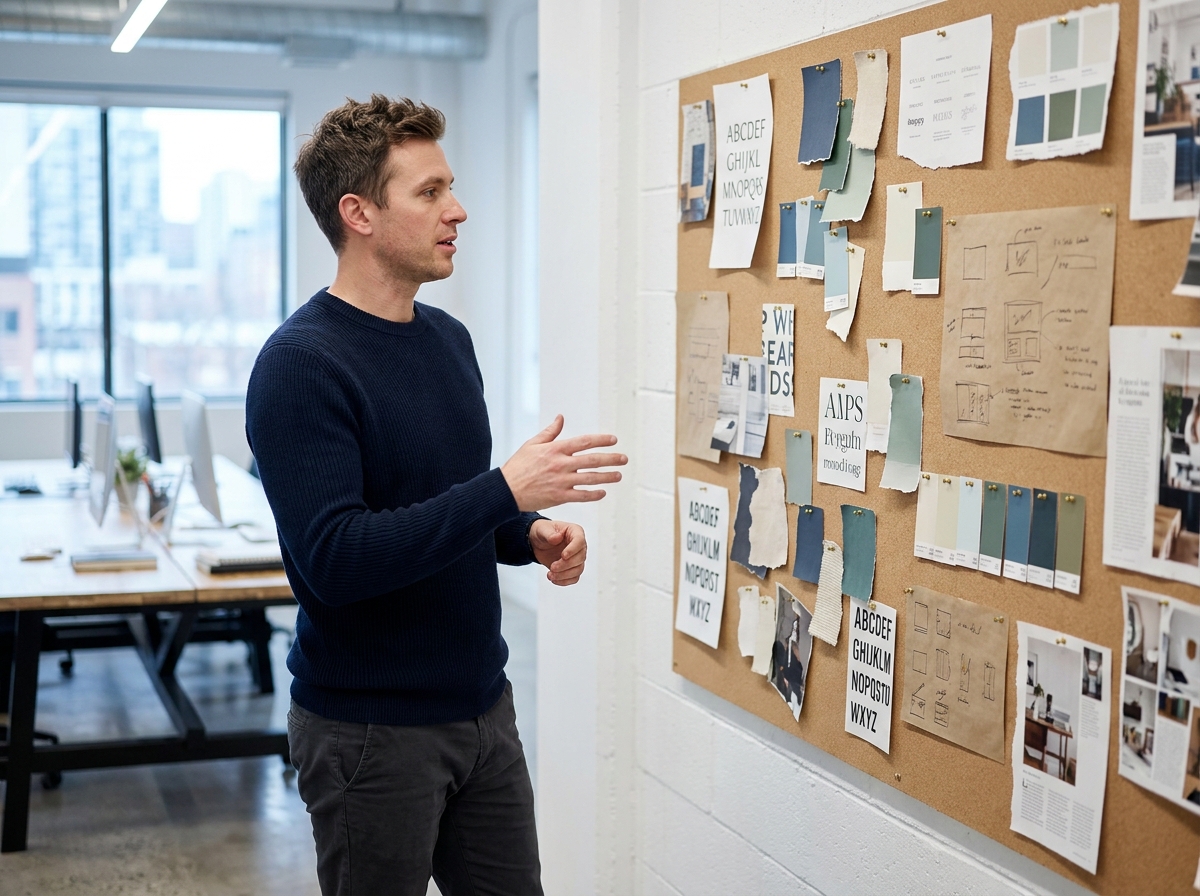 Graphiste masculin debout devant un moodboard typographique dans une agence de design moderne, expliquant ses choix créatifs