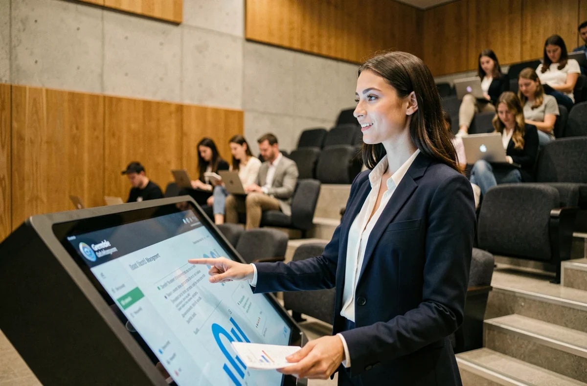Étudiante présentant une stratégie d'entreprise dans l'amphithéâtre moderne de Grenoble École de Management (GEM)