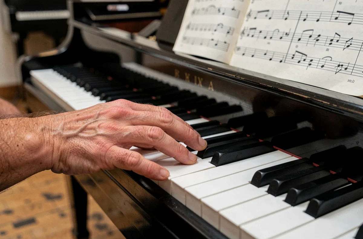 Gros plan de la main gauche d'un pianiste posée sur les touches graves d'un piano à queue, partition en clef de FA visible en arrière-plan flou