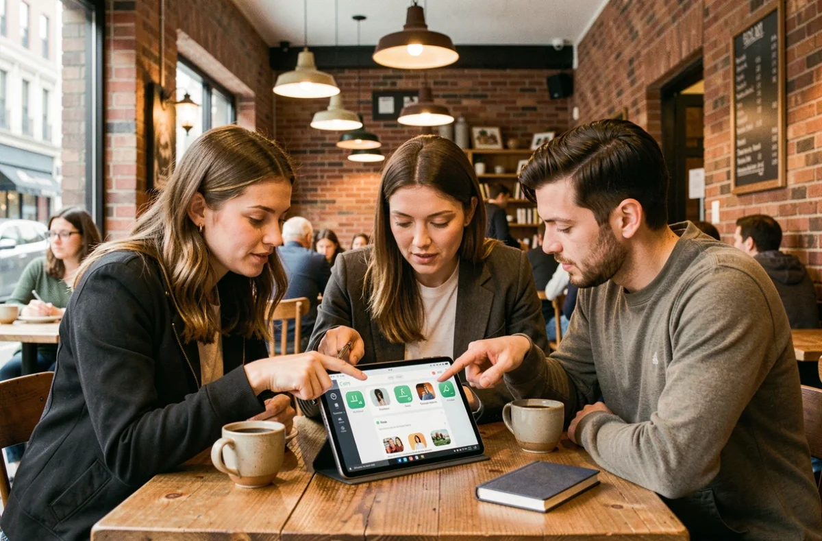 Groupe d'adultes testant une plateforme d'entraînement de la mémoire ensemble sur une tablette dans un café urbain