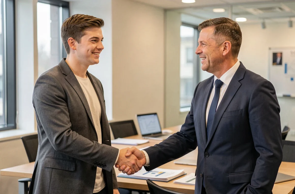 Étudiant en alternance du Groupe Alternance campus Hauts-de-France serrant la main d'un mentor professionnel