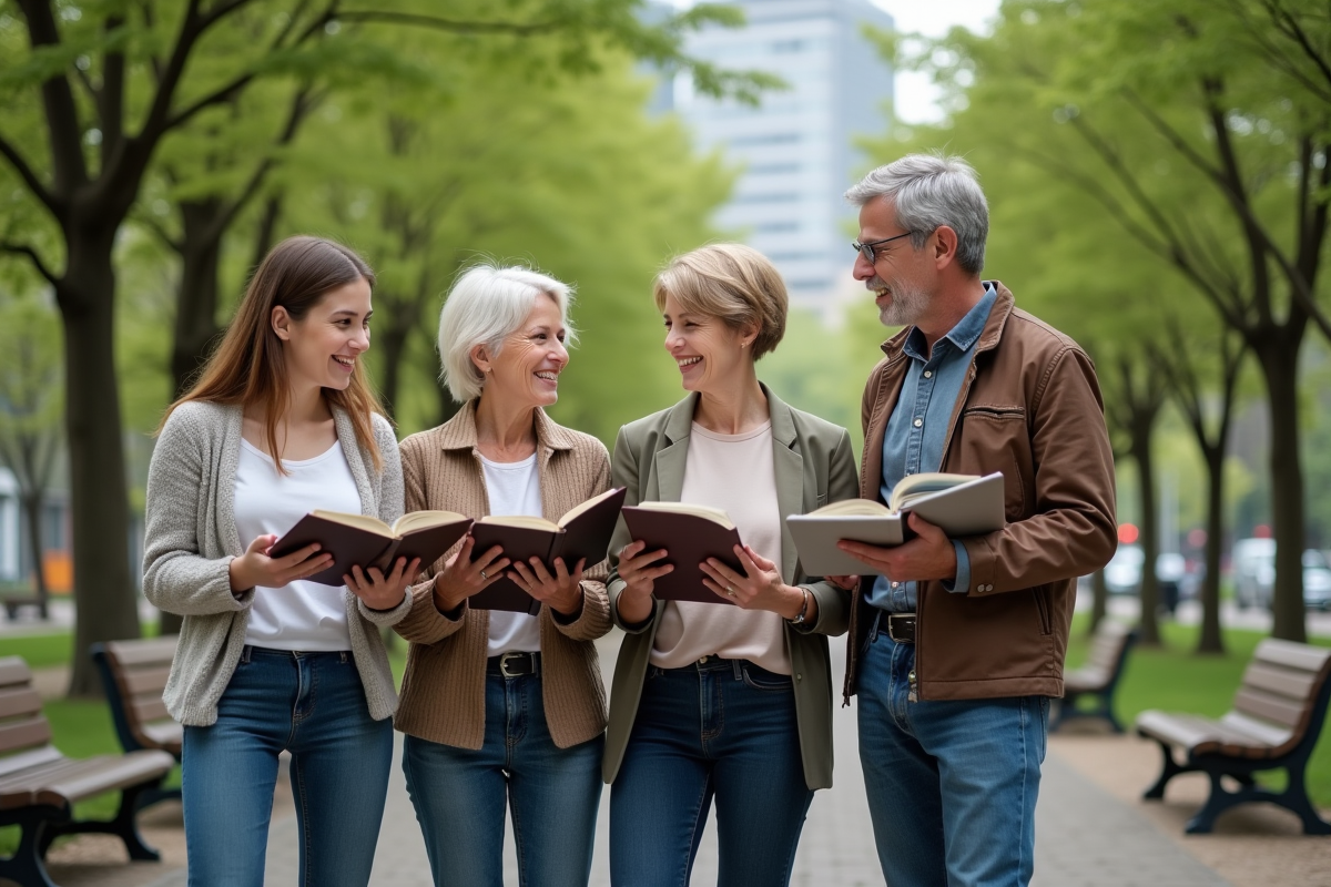 Groupe d adultes apprenant en plein air dans un parc urbain