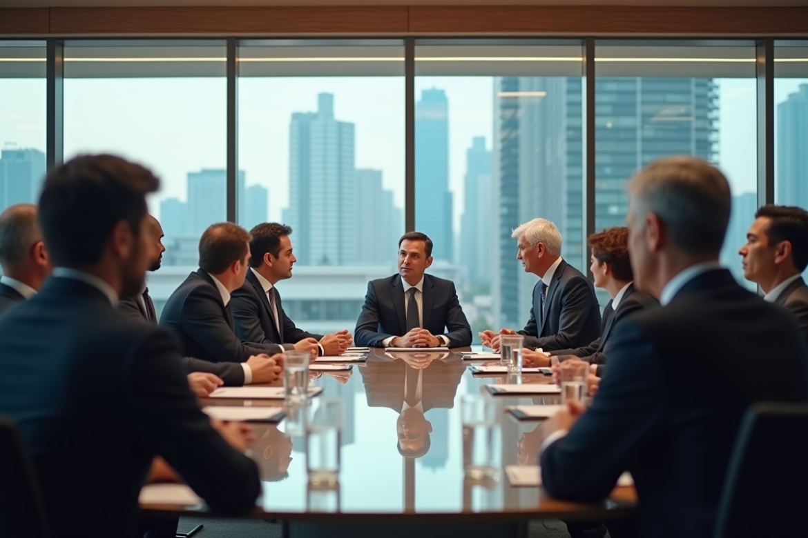 Groupe de dirigeants en réunion de stratégie dans un bureau moderne