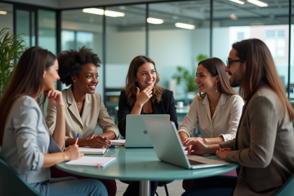 Quatre adultes en réunion dans un espace de travail moderne