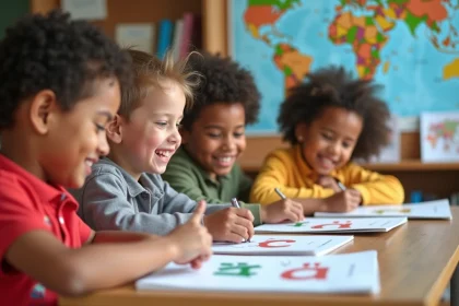 Groupe d'enfants apprenant l'arabe dans une classe lumineuse