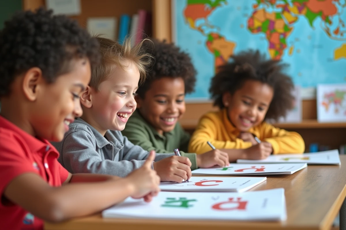 Groupe d'enfants apprenant l'arabe dans une classe lumineuse