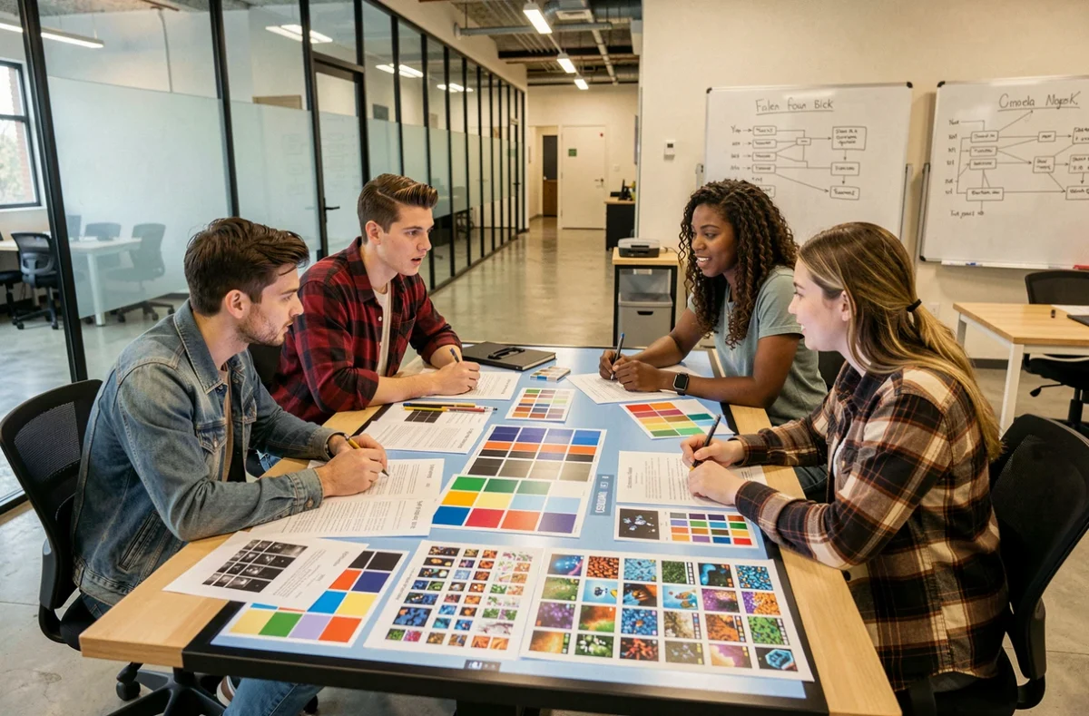 Groupe d'étudiants GOBELINS collaborant autour d'une table de conception de jeux vidéo avec documents et storyboards
