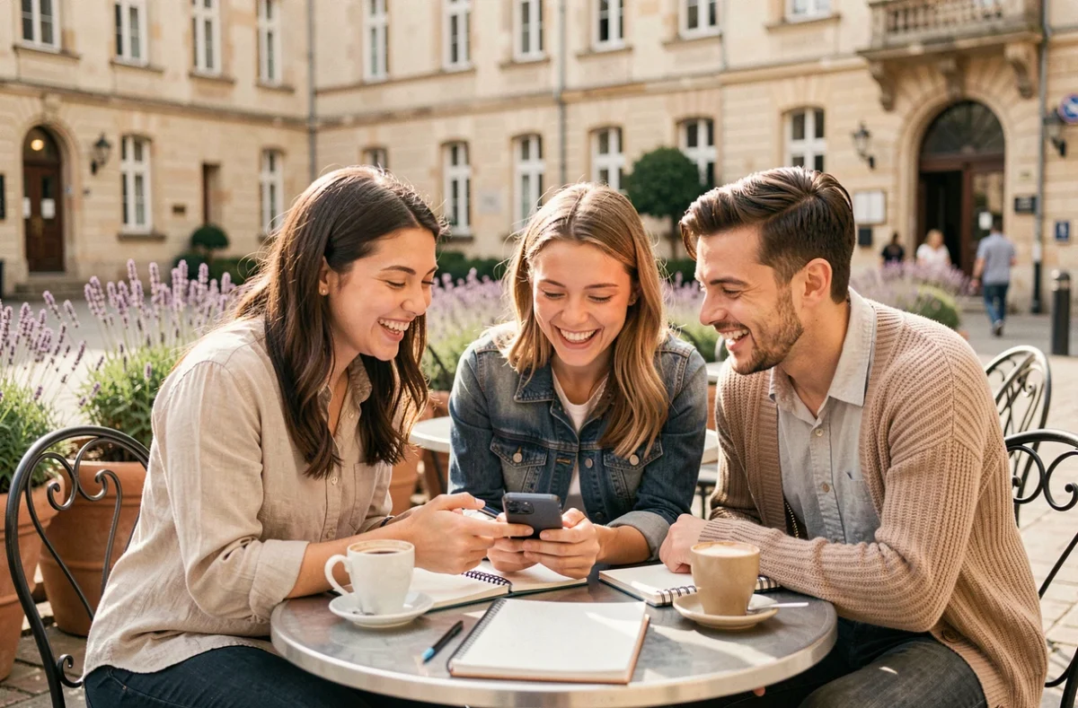 Groupe d'étudiants NEOMA en stage à l'étranger connectés avec leur campus lors d'un appel vidéo en terrasse
