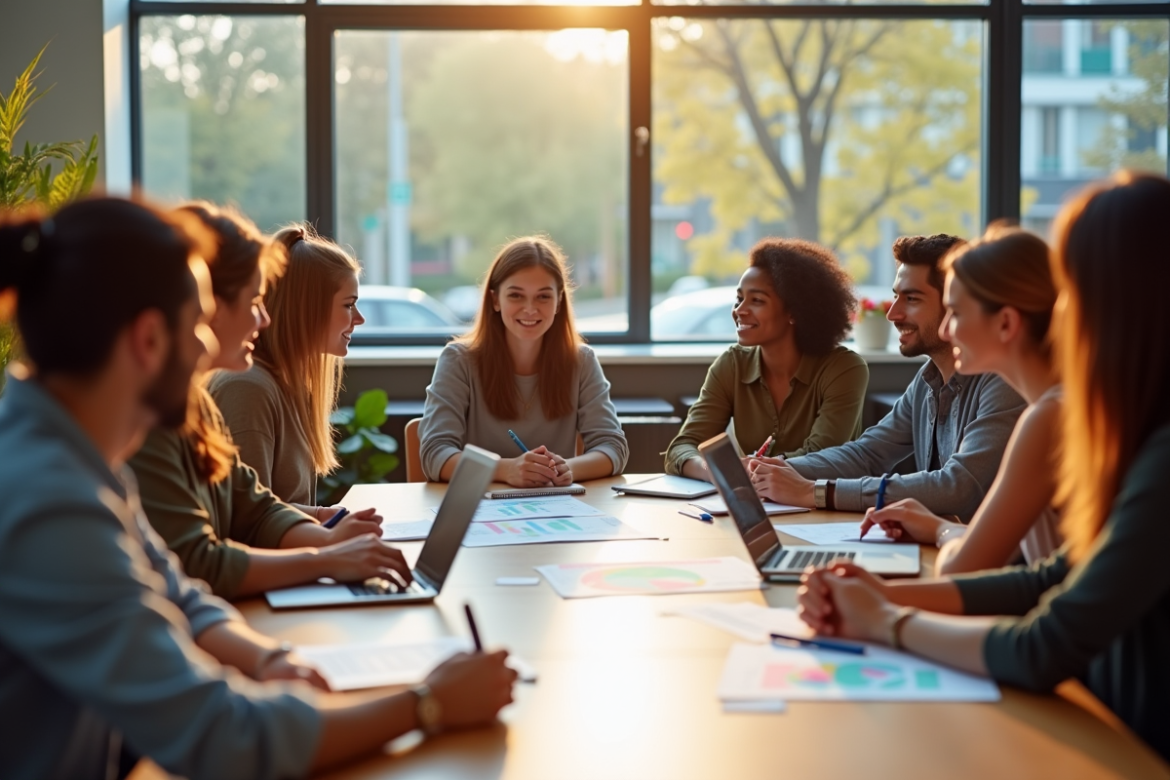 Groupe de jeunes adultes en discussion dans une salle lumineuse