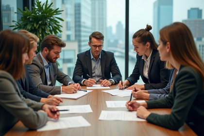 Groupe de professionnels en réunion collaborative en intérieur