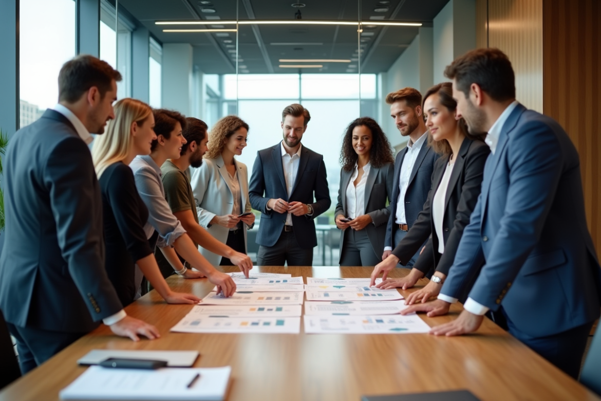 Groupe de professionnels en réunion d'évaluation formation