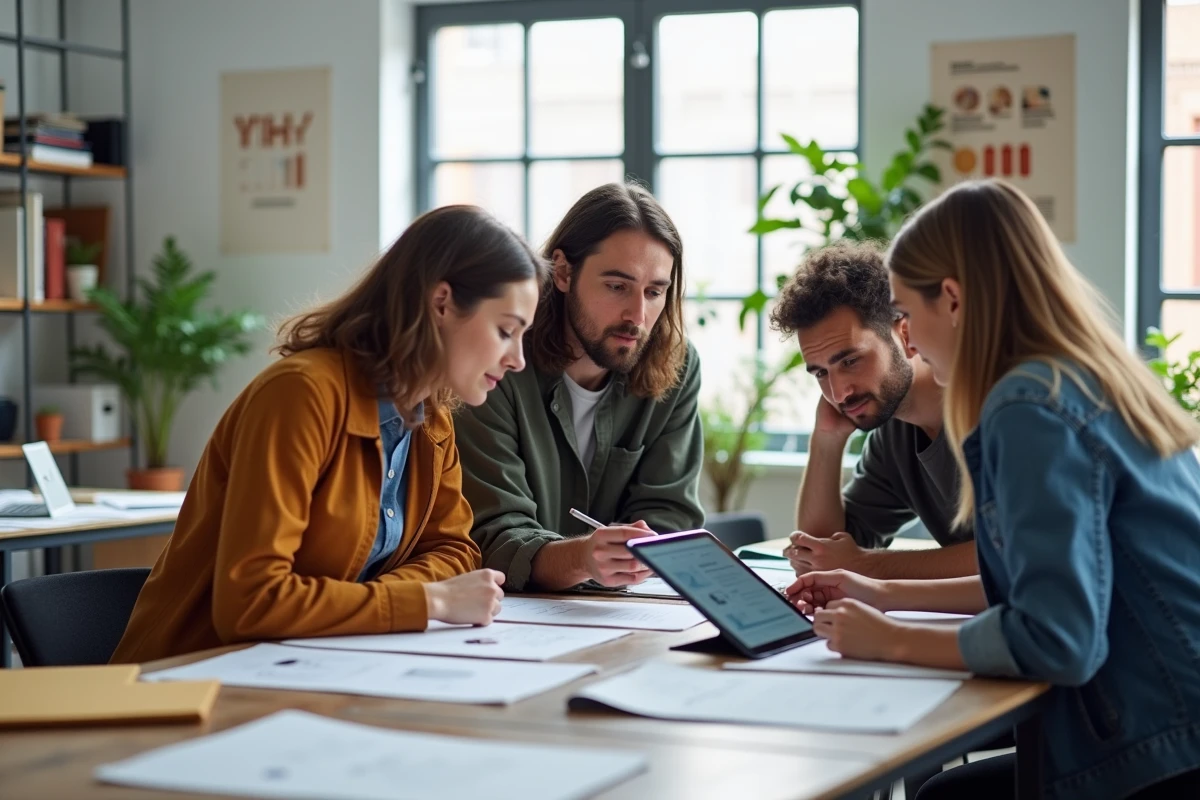 Groupe de professionnels en reconversion collaborant lors d'un atelier de formation en design graphique et UX