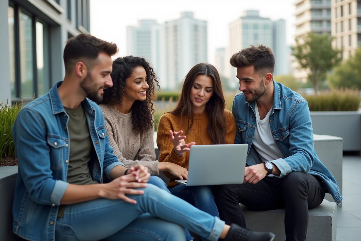 Groupe de jeunes professionnels collaborant en terrasse urbaine