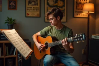 Jeune guitariste étudiant la tablature de Let It Be sur une partition posée sur un pupitre dans un studio maison chaleureux